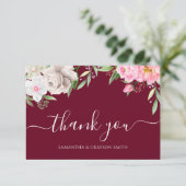 Burgundy Watercolor Floral Elegant Wedding Dankeskarte (Stehend Vorderseite)