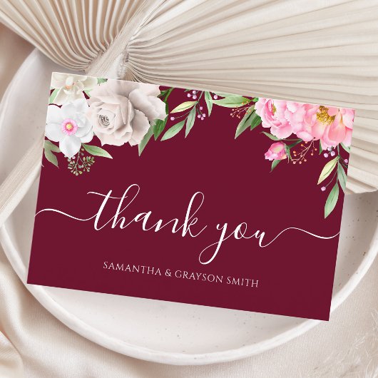 Burgundy Watercolor Floral Elegant Wedding Dankeskarte