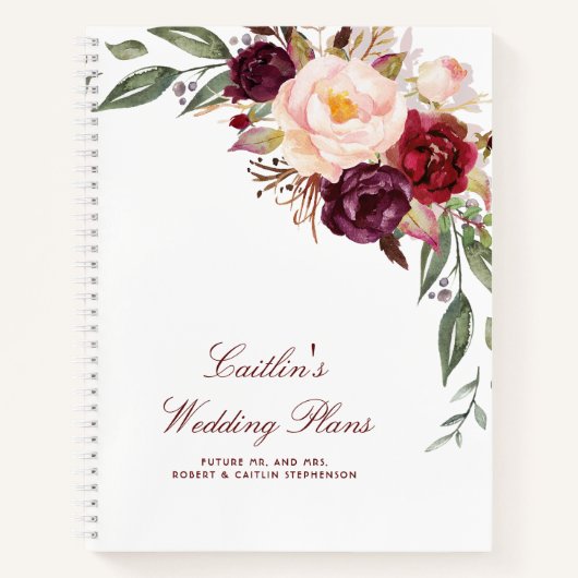 Burgundy Watercolor Floral Elegant Wedding Notizblock (Vorderseite)