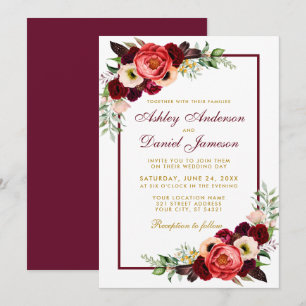 Burgundy Watercolor Floral Gold Boho Wedding B Einladung