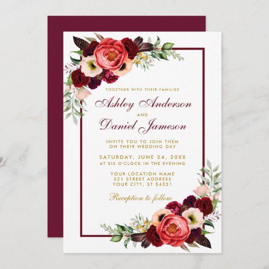 Burgundy Watercolor Floral Gold Boho Wedding B Einladung (Vorne/Hinten)