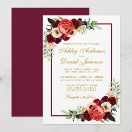 Burgundy Watercolor Floral Gold Boho Wedding GB Einladung