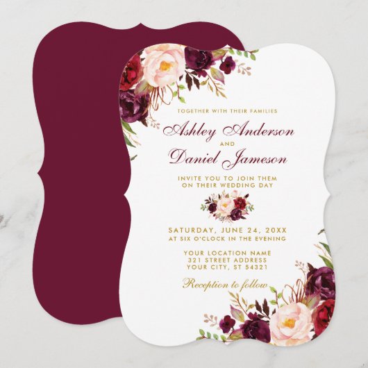 Burgundy Watercolor Floral Gold Bracket Wedding Einladung (Vorne/Hinten)