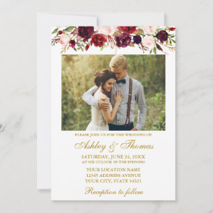 Burgundy Watercolor Floral Gold Foto Hochzeit Einladung
