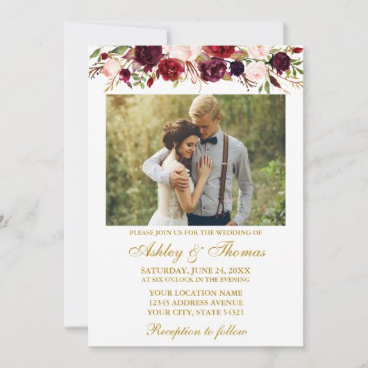 Burgundy Watercolor Floral Gold Foto Hochzeit Einladung (Vorderseite)