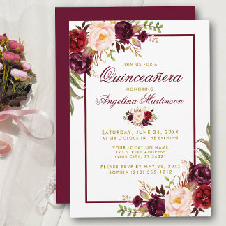 Burgundy Watercolor Floral Gold Quinceanera Einladung