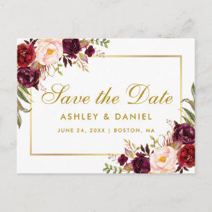 Burgundy Watercolor Floral Gold Save the Date Ankündigungspostkarte