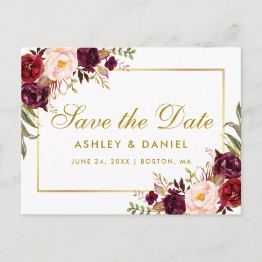 Burgundy Watercolor Floral Gold Save the Date Ankündigungspostkarte (Vorderseite)