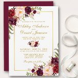 Burgundy Watercolor Floral Gold Wedite GB Einladung<br><div class="desc">Elegante Burgunder Wasserfarben - Einladung zur Hochzeit in Gold - Goldrahmen - Goldenes Drehbuch - Burgundy Back</div>