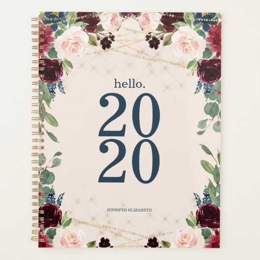 Burgundy Watercolor Floral Hello 2020 Niedlich Planer (Vorderseite)