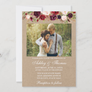 Burgundy Watercolor Floral Kraft Foto Hochzeit Einladung