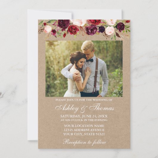 Burgundy Watercolor Floral Kraft Foto Hochzeit Einladung (Vorderseite)