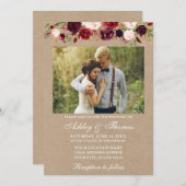 Burgundy Watercolor Floral Kraft Foto Hochzeit Einladung (Vorne/Hinten)