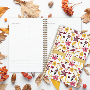 Burgundy Watercolor Floral Monogram Planer
