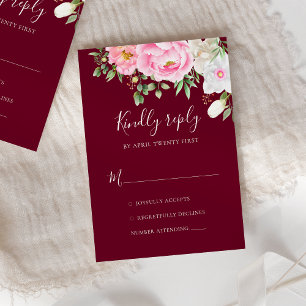 Burgundy Watercolor Floral Peonies Elegant Wedding RSVP Karte