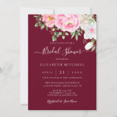 Burgundy Watercolor Floral Peony Brautparty Einladung (Vorderseite)