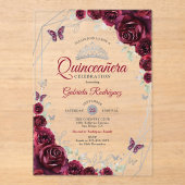 Burgundy Watercolor Floral Quinceanera Acryleinladungen (Vorderseite)