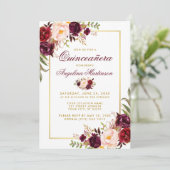 Burgundy Watercolor Floral Quinceanera Gold Einladung (Stehend Vorderseite)