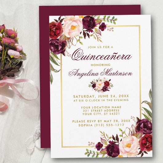 Burgundy Watercolor Floral Quinceanera Gold Einladung