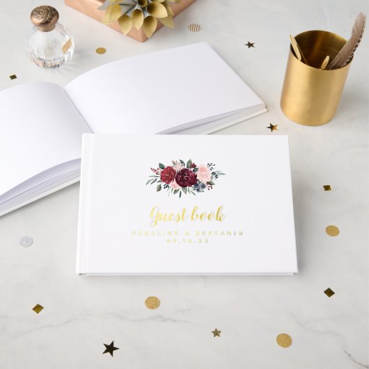 Burgundy watercolor floral rustic boho wedding gästebuch (Vorderseite Offen)