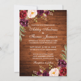 Burgundy Watercolor Floral Rustic Wood Wedding Einladung