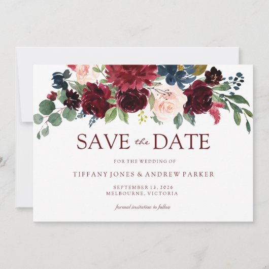 Burgundy Watercolor Floral Save the Date (Vorderseite)