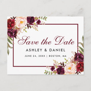 Burgundy Watercolor Floral Save the Date Ankündigungspostkarte