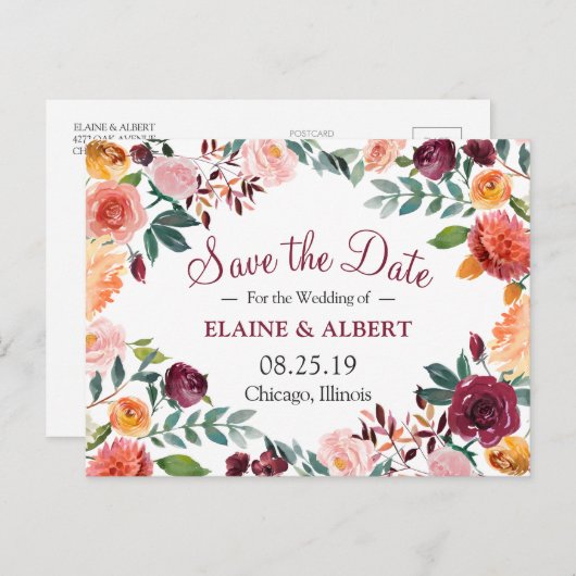 Burgundy Watercolor Floral Save the Date Postkarte (Vorne/Hinten)