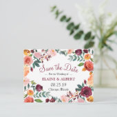 Burgundy Watercolor Floral Save the Date Postkarte (Stehend Vorderseite)