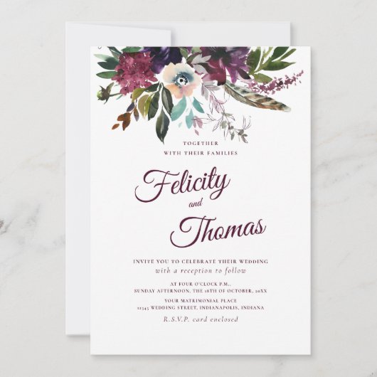 Burgundy Watercolor Floral Spray White Wedding Einladung (Vorderseite)