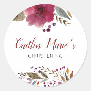 Burgundy Watercolor Floral Taufe Christening Runder Aufkleber