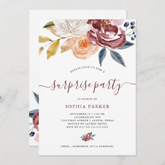 Burgundy Watercolor Floral | Überraschendes Party Einladung