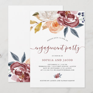 Burgundy Watercolor Floral Verlobungsparty Einladung