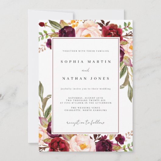 Burgundy Watercolor Floral Wedding Einladung (Vorderseite)