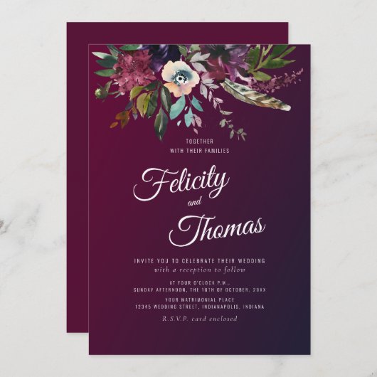 Burgundy Watercolor Floral Wedding Einladung (Vorne/Hinten)