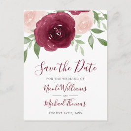 Burgundy Watercolor Floral Wedding Save the Date Ankündigungspostkarte