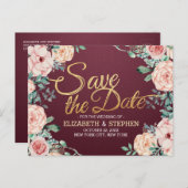 Burgundy Watercolor Floral Wedding Save the Date Ankündigungspostkarte (Vorne/Hinten)