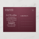 Burgundy Watercolor Floral Wedding Save the Date Ankündigungspostkarte (Rückseite)