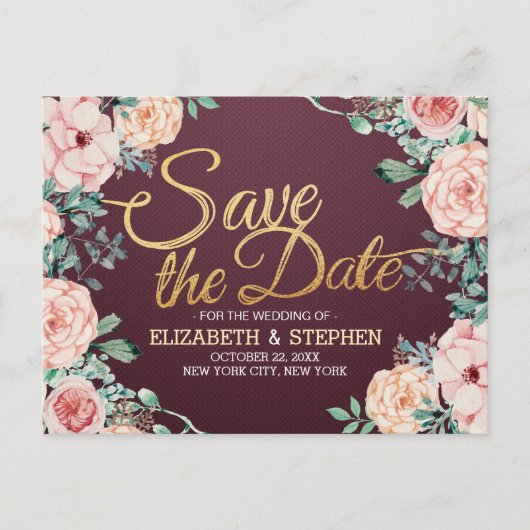 Burgundy Watercolor Floral Wedding Save the Date Ankündigungspostkarte (Vorderseite)