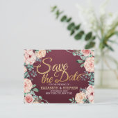Burgundy Watercolor Floral Wedding Save the Date Ankündigungspostkarte (Stehend Vorderseite)