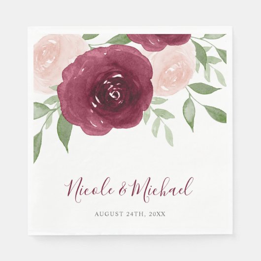 Burgundy Watercolor Floral Wedding Serviette (Vorderseite)