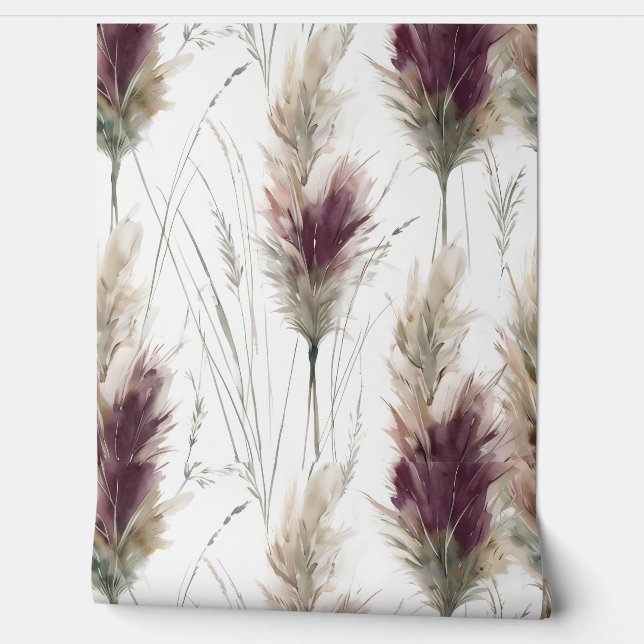 Burgundy Watercolor Fluffy Grasses  Tapete (Abrollen)