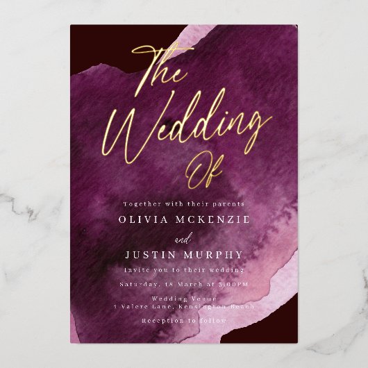Burgundy Watercolor Modern Wedding Gold Folieneinladung (Vorderseite)