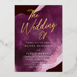 Burgundy Watercolor Moderne Hochzeit Gold Folieneinladung