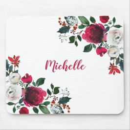 Burgundy Watercolor Peony Rose Blumenname Mousepad