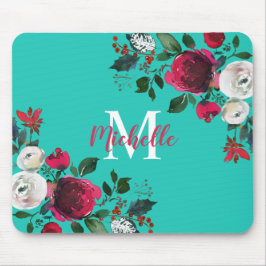 Burgundy Watercolor Peony Rosen Floral Mit Monogra Mousepad