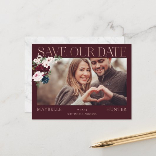 Burgundy Watercolor Rose Gold Rette unser Date Fot Ankündigungspostkarte (Vorderseite/Rückseite Beispiel)