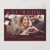 Burgundy Watercolor Rose Gold Rette unser Date Fot Ankündigungspostkarte (Vorderseite)
