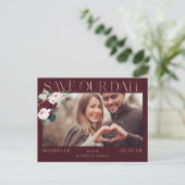 Burgundy Watercolor Rose Gold Rette unser Date Fot Ankündigungspostkarte (Stehend Vorderseite)