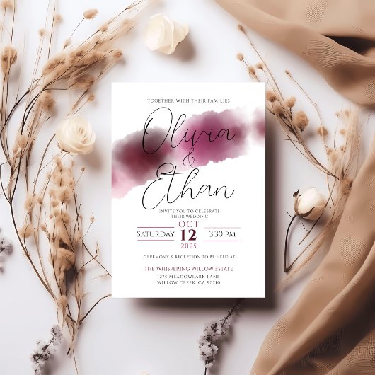 Burgundy Watercolor Wedding - Elegantes Script Einladung